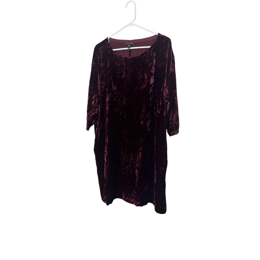 Eileen Fisher Dress Womens Large Burgundy Crushed Velvet Rayon Silk Shift